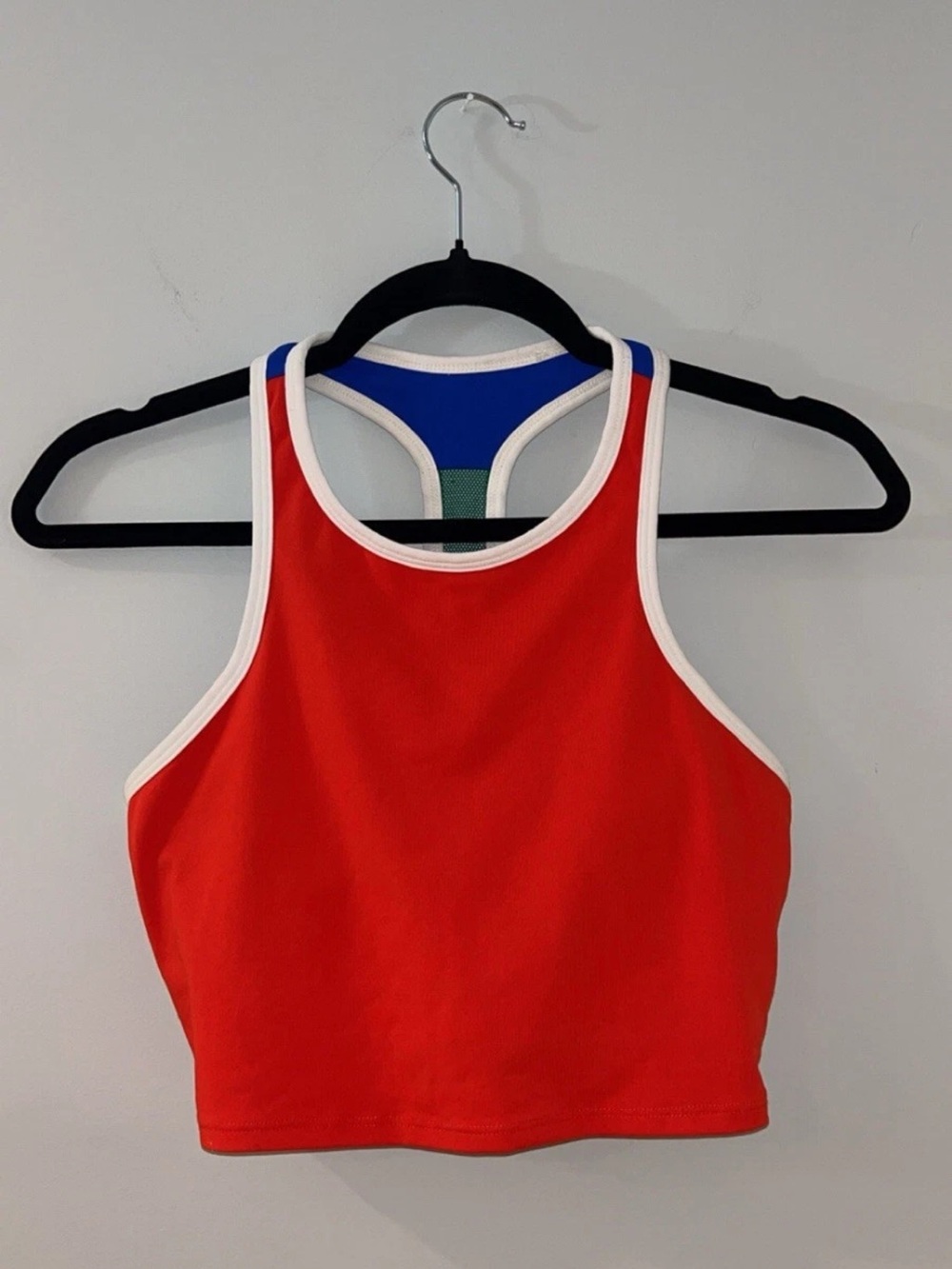 Color block Red Crop Sports Bra with Blue & Green Racerback